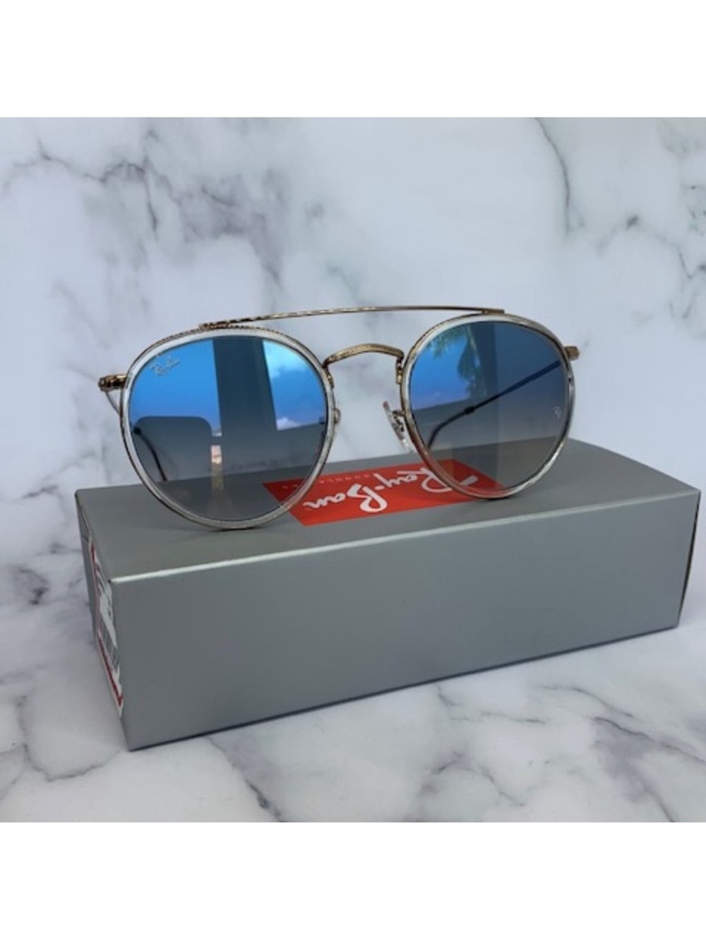 Ray-Ban Double Round Sunglasses Transparent Frame/Clear Gradient Blue Lens